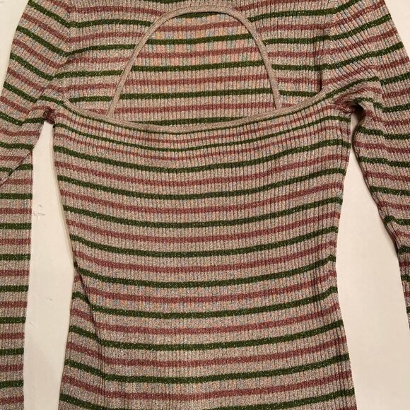 TANYA TAYLOR Carsten Metallic Striped Ribbed Open Back Turtleneck sweater, Small - Picture 5 of 6